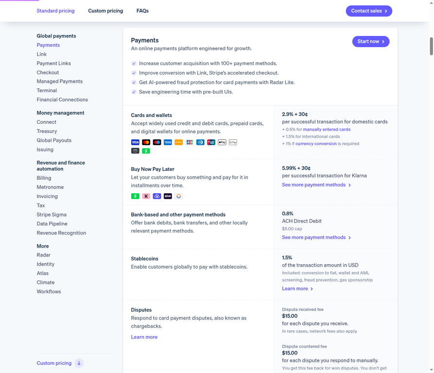 Screenshot of Stripe’s official pricing page showing its listed stablecoin payment fee